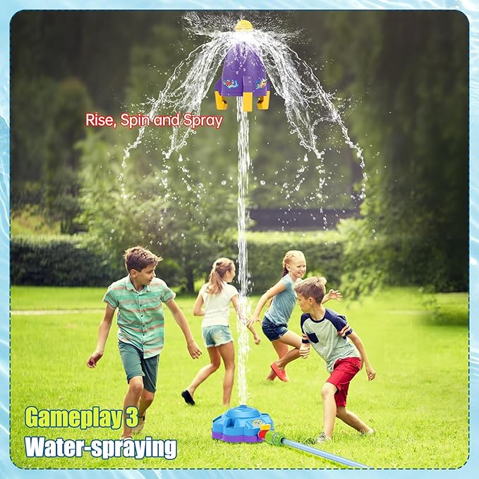 4-in-1 Water Sprinkler Baseball Toy, Water-Spraying Rocket, Water Baseball, Rocket Launch Game, Spinning Water Sprayer Outdoor Summer Toys for Boys Girls Outside Water Game Toys for Kids 3-12