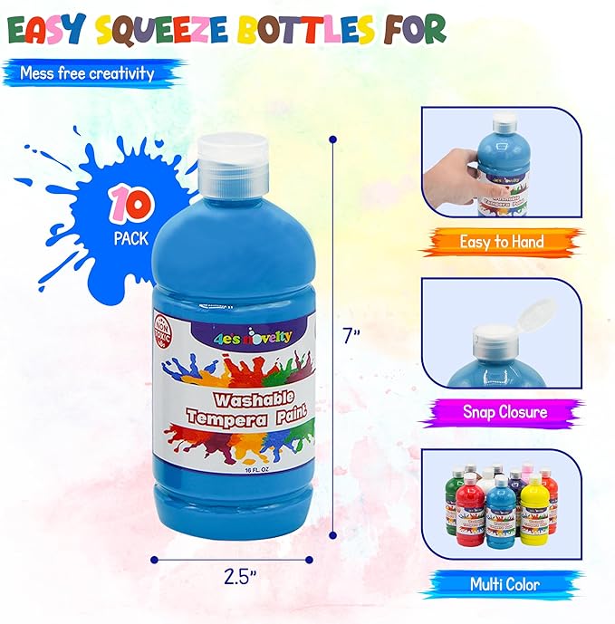 4E's Novelty 16oz Washable Tempera Paint Set for Kids – 10 Bright Colors – 16oz Bottles – Non Toxic Washable Paint for Crafts, Teacher Classroom Must Have, Arts & Craft Supplies