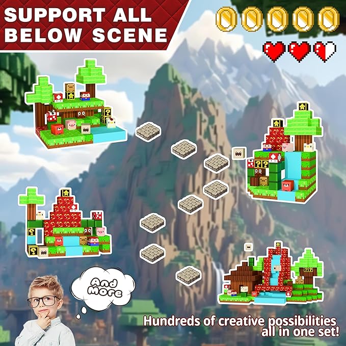Magnetic Building Blocks Sandbox World Set, 150PCS Pixel Magnet Tiles with Characters & Waterfall Scene, STEM Educational Construction Toys for Kids 3+, Creative Birthday Gift for Boys & Girls