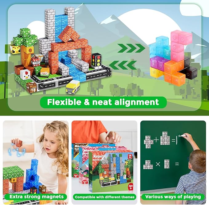 150 PCS Magnetic Blocks - Building Block for Kids Ages 4-8, Magnet Blocks Cubes for Boys Girls, STEM Educational Stacking Magnet Toy for 3 4 5 6 7 8 9 10 11 12 Birthday Gifts, Easter Basket Stuffers