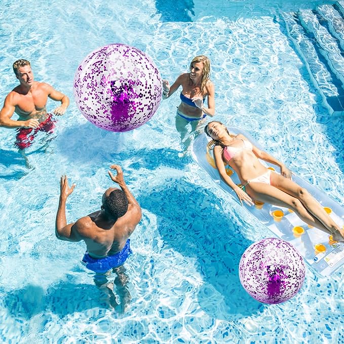TURNMEON 5 Pack Sequins Beach Ball Jumbo Pool Toys Balls 16 Inch 24 Inch Giant Confetti Glitters Inflatable Clear Beach Ball Swimming Pool Water Beach Toys Outdoor Summer Party Favors for Kids Adults