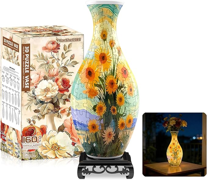3D Puzzles Vase for Adults, Crafts for Adults, 160 Pieces Plastic DIY Unique Flower Vase with LED Light House Warming Gift Birthday Gifts for Flower Arrangements and Home Decor (Sunflowers)