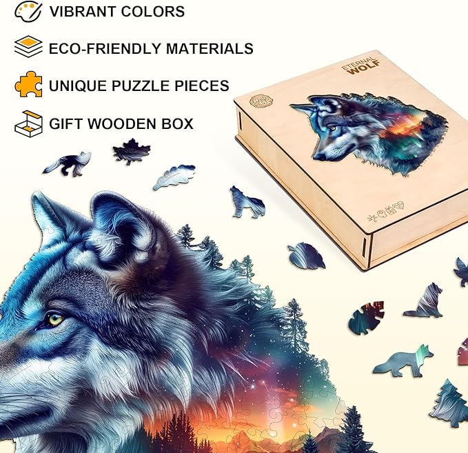 Wooden Puzzles for Adults, Aurora Wolf Jigsaw Puzzles, 190 Piece Unique Shaped Puzzle, Animal Shape Puzzle, Gifts for Adults/Friends/Family, Family Game，Wall Decor(13.4 * 12.9in)