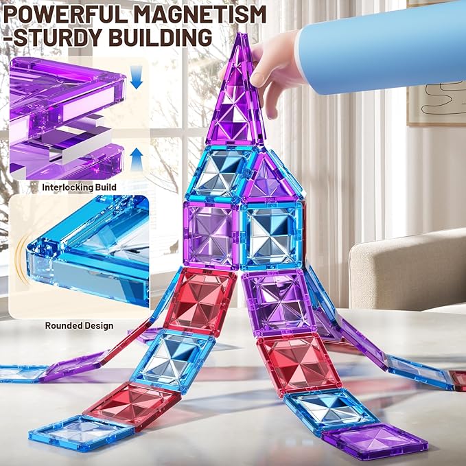 80 PCS Magnetism Blocks Tiles for Kids Ages 3 4 5 6 7 8+, Building Set for Toddlers 3-5 4-8, Stacking Blocks, Educational Construction Toy for Boys and Girls, Creative Play Birthday Gifts 2-4