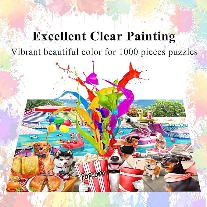 HUADADA Jigsaw Puzzles for Adults 1000 Pieces, Dogs Pool Party Interlock Perfectly No Dust, Home Decors Family Challenge Toys for Men Women Elders Seniors (27.5"x19.6"), 1:1 Poster