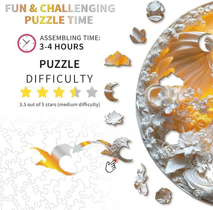 KAAYEE Wooden Puzzles for Adults, 3D Visual Fierce Dragon Wooden Jigsaw Puzzle Unique Shape Wood Puzzle Adult, 3D Effect Flat Puzzle Birthday Family Games (L-13.1 * 13.1 in-261pcs)