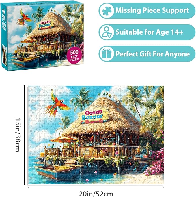 500 Piece Puzzles for Adults, Colorful Beach Shop Parrot Jigsaw Puzzles 500 Pieces for Adults Seniors, Challenge Art Jigsaw Puzzle for Gifts Birthday Party Games Family, 20.5 * 15 inch Dust Free