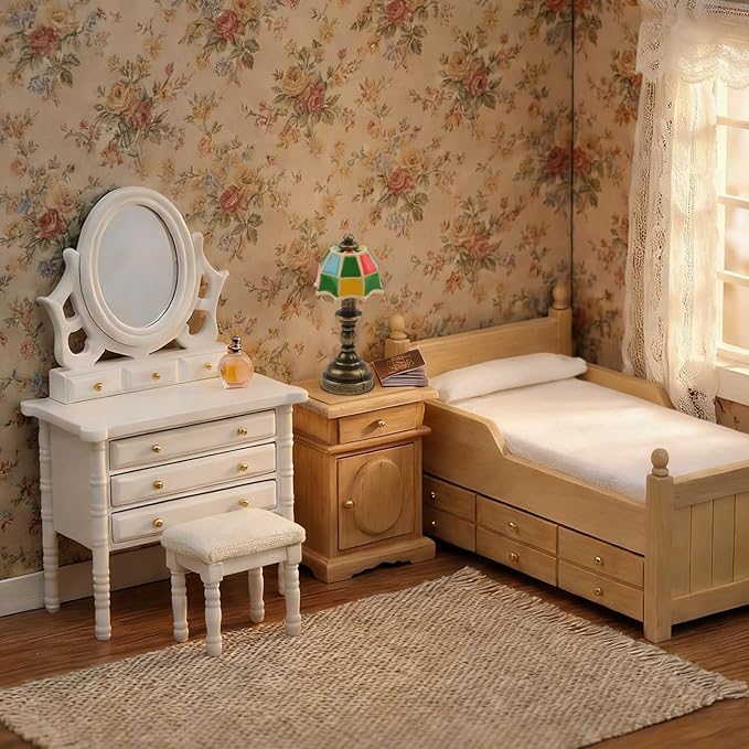 Miniature Dollhouse Vanity Table 1 12 Furniture Makeup Dressing Table with Mirror and 4 Drawers Mini House Accessories Bedroom Living Room Scene Decoration (White)