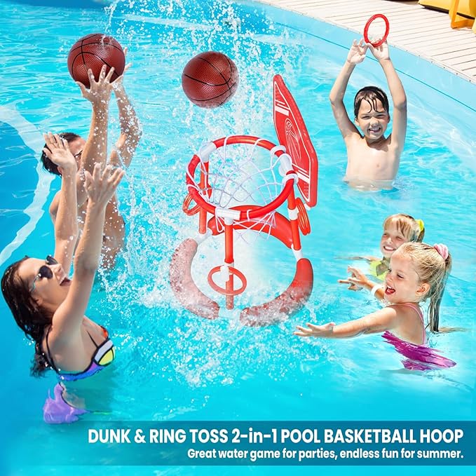 SpringFlower Pool Basketball Hoop with Backboard, Floating Basketball Pool Hoop,Kids & Adults Swimming Pool Game with Ring Toss, 2 Pcs Balls and Pump, Red