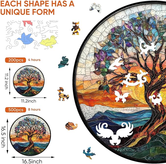 Bodhipnjoy Tree of Life Wooden Puzzles, Stained Glass Tree Jigsaw Puzzles 200 Piece, Fun Challenging Unique Shaped Wood Plant Puzzles, Creative Gifts Family Game Home Decor 11.2 * 11.2 inch