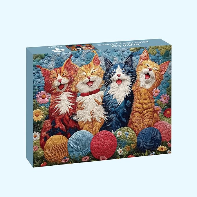 Puzzles for Adults 500 Pieces - Joyful Cat, Quilted Patchwork Artwork Style, Impossible Cat Jigsaw Puzzles, Finished Size 20.47 * 14.96”, with 1:1 Poster, Letter on The Back