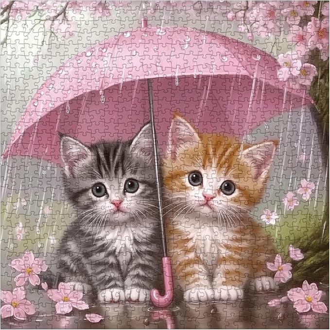 Cat Flower Puzzle for Adults 1000 Pieces, Cute Floral Jigsaw Puzzle,Cherry Blossom Kitten Rain Puzzle