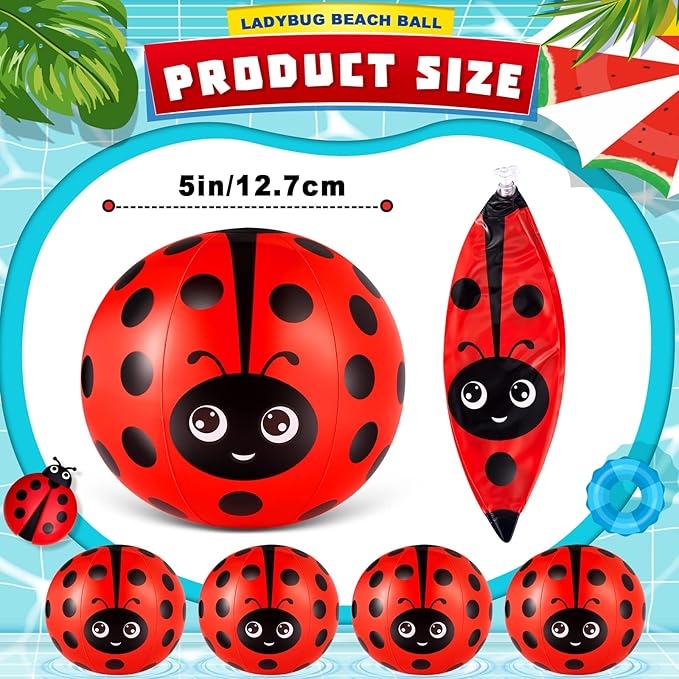 Jexine 24 Pcs Ladybug Themed Beach Ball for Kids 5 Inch Bulk for Summer Pool and Beach Game Gifts and Birthday Party Supplies and End of The Year Class Party Decoration Favors(Ladybug,5 Inch)