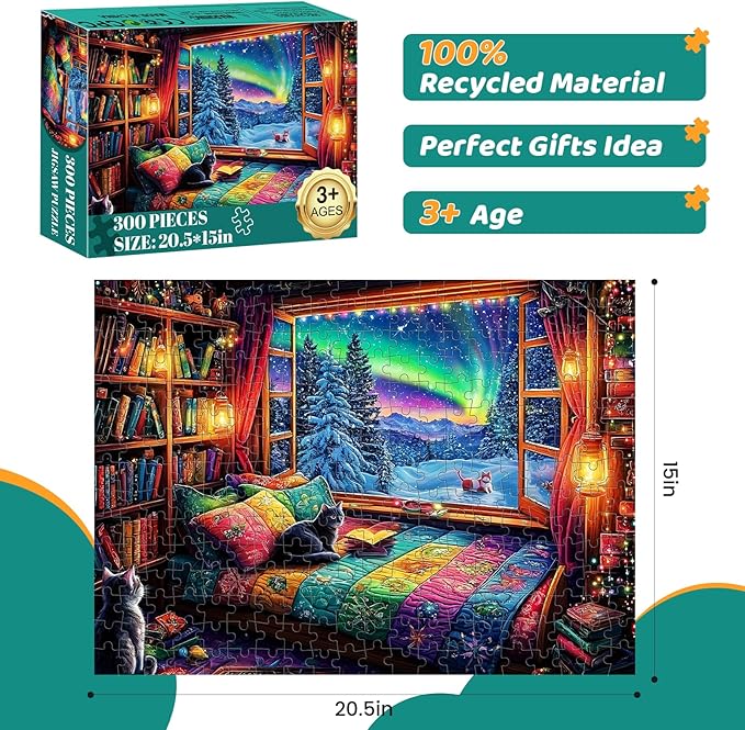 300 Pieces Puzzles for Adults | Winter Aurora Cat Jigsaw Puzzles | Large 300 Piece Puzzle for Children Adults Seniors | Sturdy,Safe | Engaging & Educational Toys Great Gift for Boys Girls 20.5 x 15 in