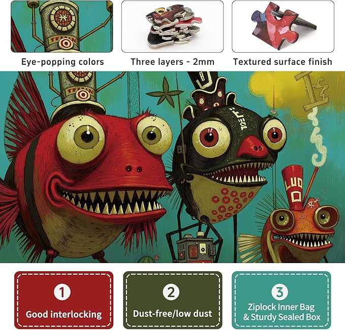1000 Piece Puzzle for Adults, Quirky Piranha-Inspired Artwork with Unique-Shaped Pieces, Matte Texture, Color-Coded Backing, Challenging Gift for Puzzle Lovers 26.6 x 19.2 in