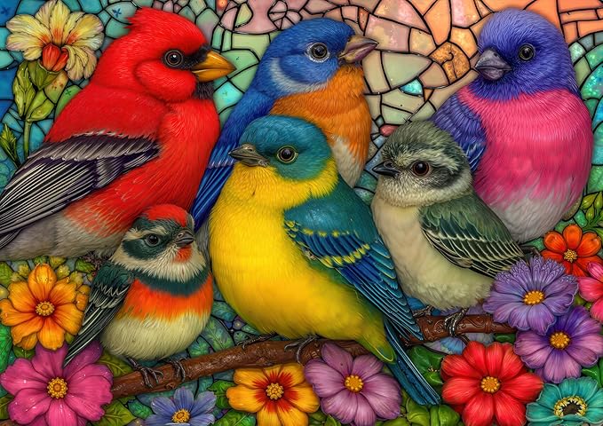 Stained Glass Birds 1000 Piece Puzzle for Adults - Colorful Avian Art, Vibrant Floral Scene, Poster & Lettered Back, 28"x20" HD, Gift for Bird & Art Lovers