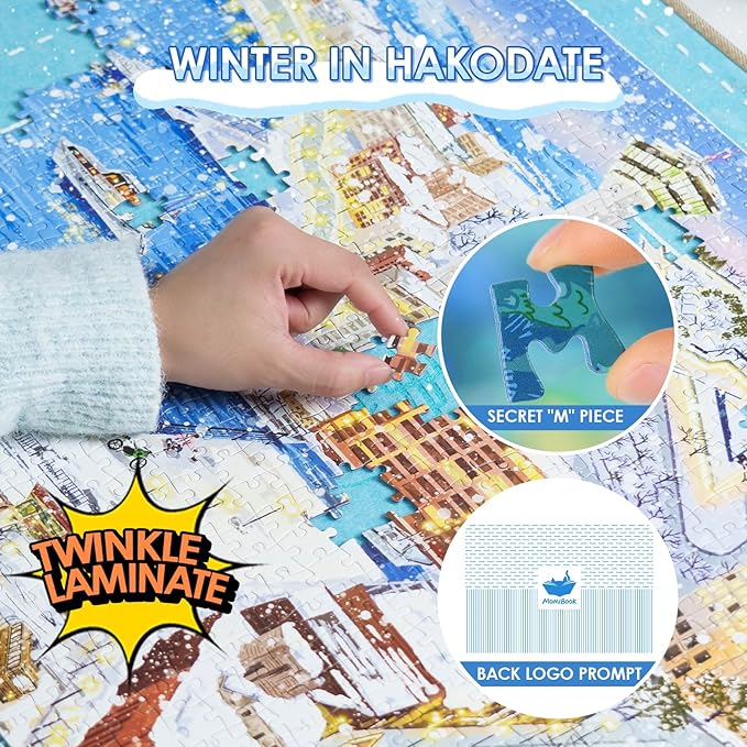 MOMIBOOK 1000 Piece Puzzle for Adults Jigsaw Puzzles of Winter in Hakodate, Twinkle Laminate Winter Town Painting Image Challenging Hard Impossible Puzzle Unique Party Christmas Birthday Gifts