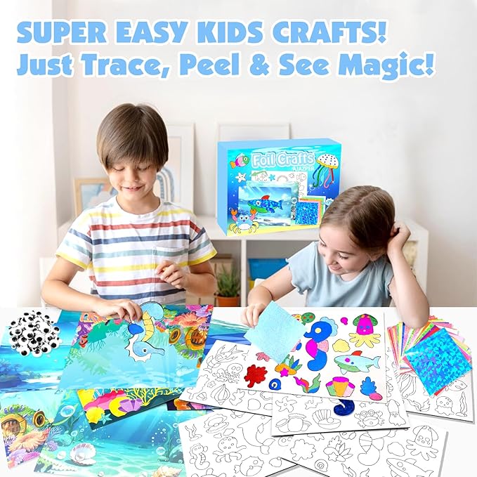 AJAZPER Foil Crafts for Kids, Arts Kit for Kids, Art & Craft Supplies Kits, DIY Creative Activity Travel Toy Gift, Ideal Birthday Christmas Party Favor Gifts for Girls Boys Ages 4+ (Blue)