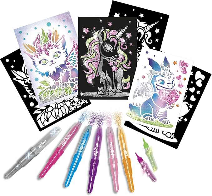 Lansay - BLOPENS X-TRA - Sparkling Creatures Set - Painting Set Made of Dandelion Felt with Reusable Stencils and Glitter Tubes - Gift Idea for Children from 6 Years - 6 Fantastic Drawings