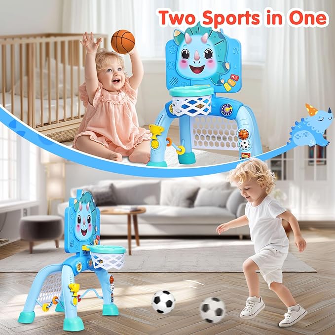 Toddler Basketball Hoop&Soccer Goal,Toys for 1 2 3 Year Old Boys,1+ Year Old Boy Gift 1st Birthday Chirstmas,Dinosaur Baby Sports Toy with Light Sound Music,12-18 Months Baby Activity Center