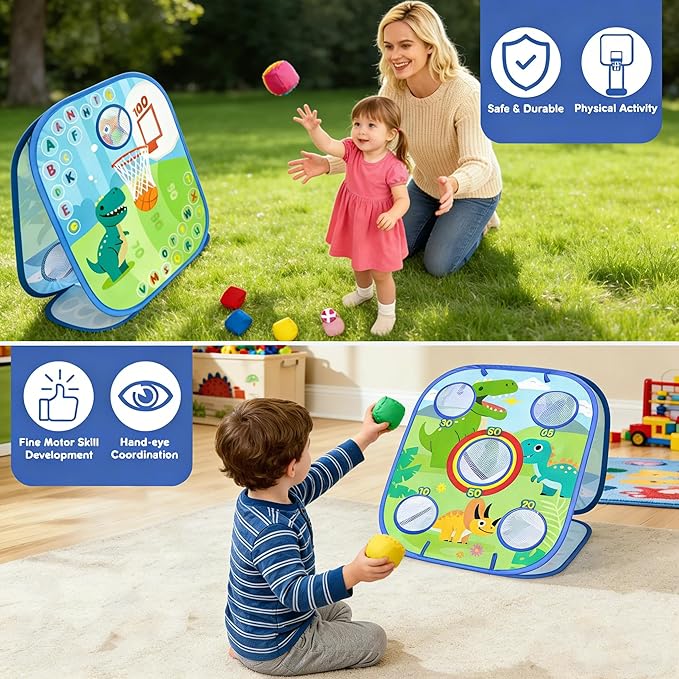 6-in-1 Dinosaur Bean Bag Toss Game - Outdoor Toys for Toddler 1-3, ABC Alphabet & Math Learning Active Play Toy - Indoor Backyard Party Game Beach Games