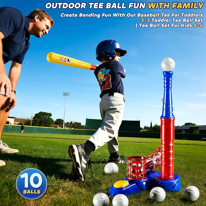 T Ball Sets for Kids 3-5, Baseball T-Ball Set with 10 Balls, Outdoor Sport Toy Games for 3-12 Year Old Boys Girls Toddlers, Training Batting Tee for Backyard and Lawn Play