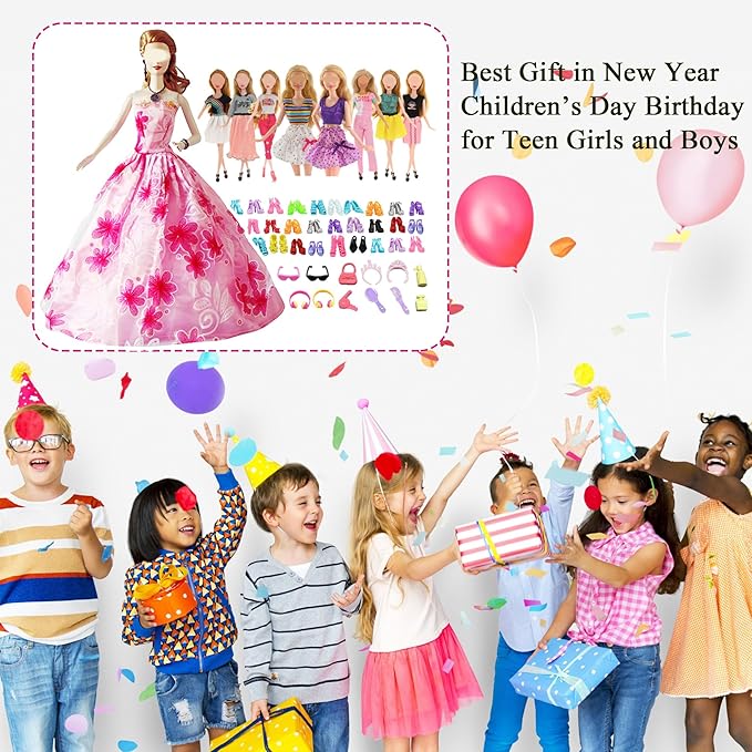 Doll Clothes and Accessories for 11.5 inch Dolls, Doll Clothes Including 6 Wedding Dresses 3 Fashion Dresses 1 Top Pant 1 Glass 1 Earphone 8 Toilet Suit 10 Shoes for Christmas Holiday Randomly Style