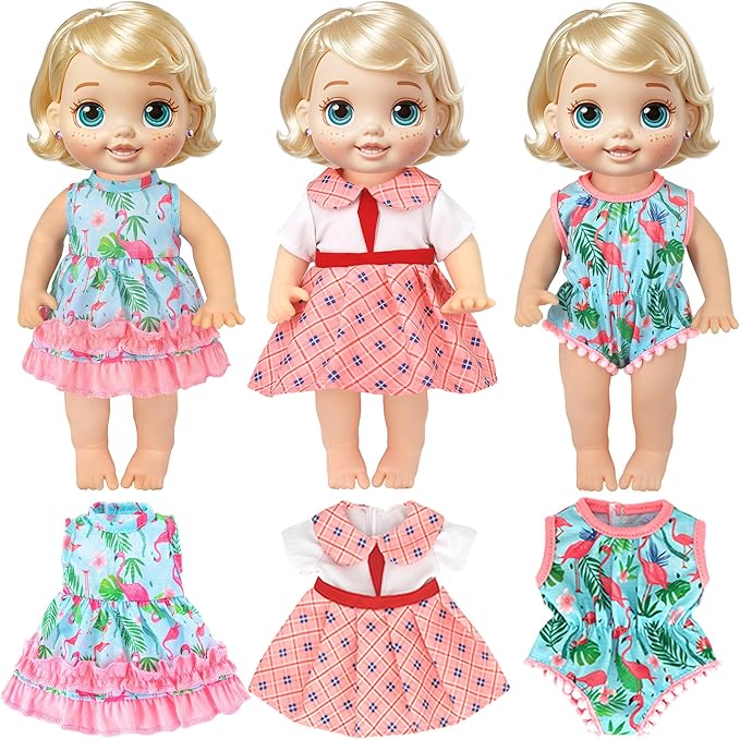 12 Set Alive Baby Doll Clothes and Accessories for 10-12 Inch Girl Dolls Outfits Include Cute Jumpsuit Dress, Gift for Kids 3+ Up