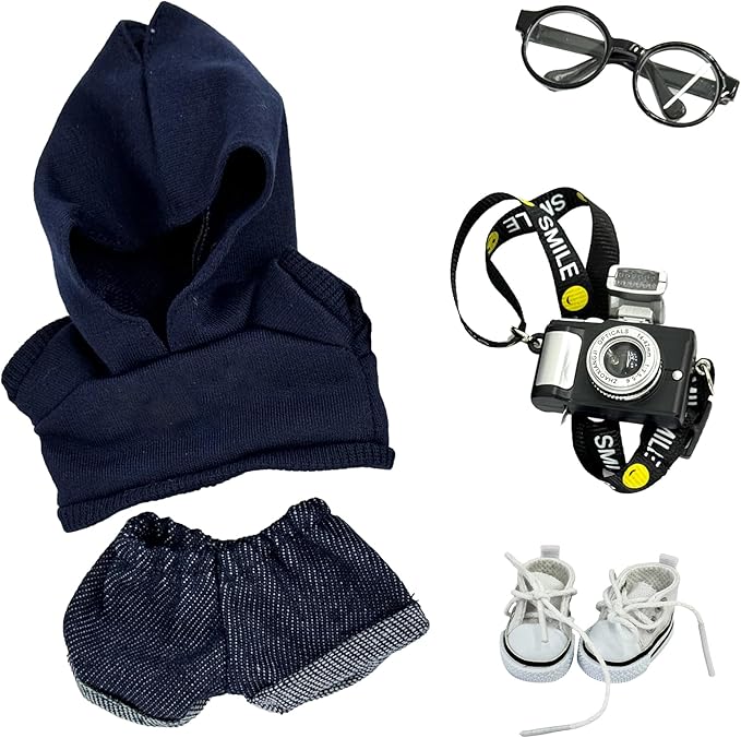 Clothes Compatible with LABUBU Doll(No Doll), 5-Piece Outfits Accessories Set with Hoodies+Jeans+Small Camera+Glasses+Canvas Shoes for 15/17cm Doll