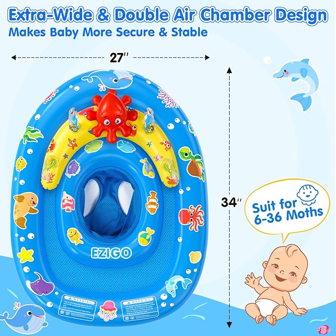EZIGO Baby Pool Float with Canopy UPF50+ Sun Protection, Inflatable Kids Pool Floats with Ocean Animal Toys for Baby 6-36 Months, Infant Swimming Float with Adjustable Safety Seat for Boys Girls