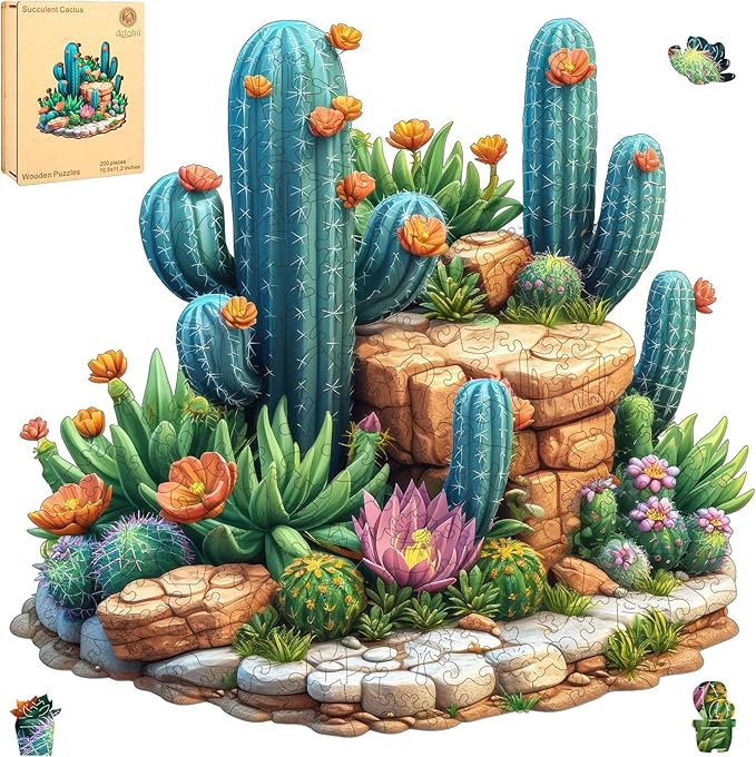 Delobil Succulent Cactus Wooden Puzzles for Adults, 200 Pieces Jigsaw Puzzles, Unique Shaped Medium Size Liberty Wood Puzzle Gift for Adults and Kids, Family Game 11.2'' x 10.8''