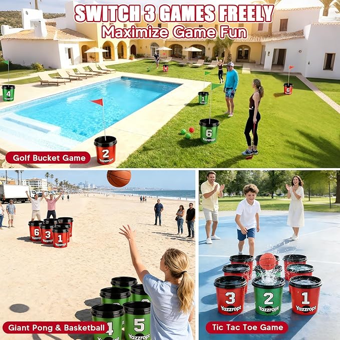 Giant 3-in-1 Outdoor Backyard Party Game Set – Bucket Golf, Yard Pong Basketball & Toss Games – Large Outdoor/Indoor Lawn Games for Adults & Families, Beach & Camping