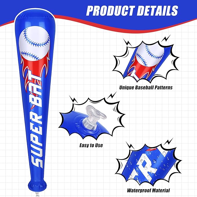 Fovths 12 Sets Inflatable Baseball Bats and Mini Baseball Set 22 Inches Inflatable Bat Sports Stress Ball for Baseballs Party Favors Sports Theme Decoration Goodie Bag Stuffers