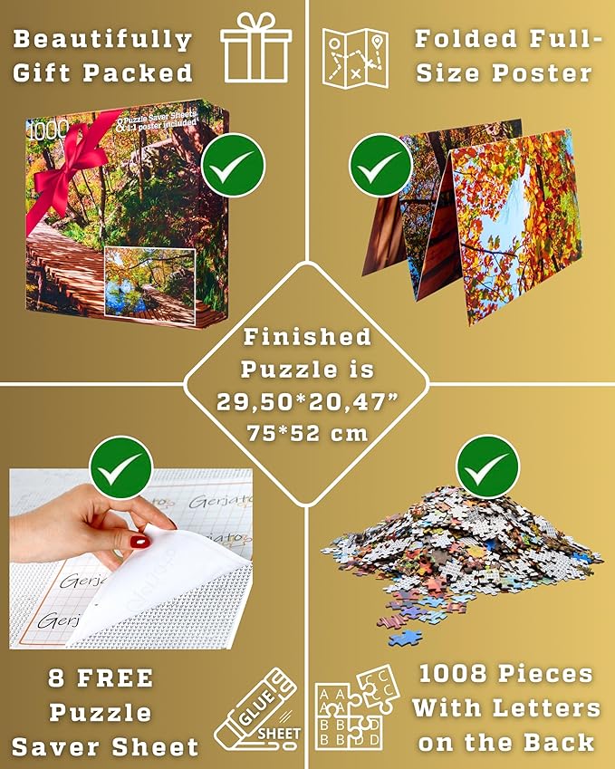 1000 Piece Puzzle for Adults - Golden Forest Trail Beside Quiet Lake in Autumn, Gift-Ready Box, Letters on Back, 8 Jigsaw Puzzle Saver Sheets & Full-Size Poster by GERJATO - Ideal Gift for Loved Ones