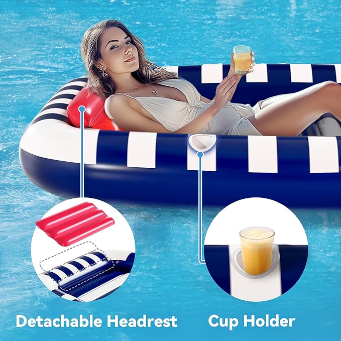 Pool Wave Inflatable Pool Lounger Floats W/Water Sprinkler, 80" x 66" Large Tanning Bed for Adult Kids, Outdoor Sun Bathing Floating Blow up Raft W/Pillow, Summer Beach Lake Family Party Gift - Blue