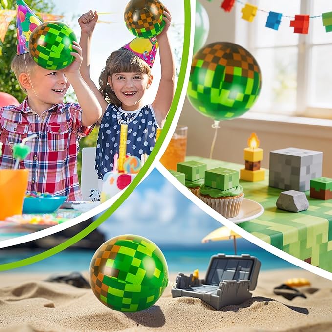12 Pack Pixel Themed Beach Balls - 6 Inches Green and Brown Inflatable Floating Balls for Birthday Party Decorations, Summer Pool and Beach Game, and Bulk Birthday Party Favors