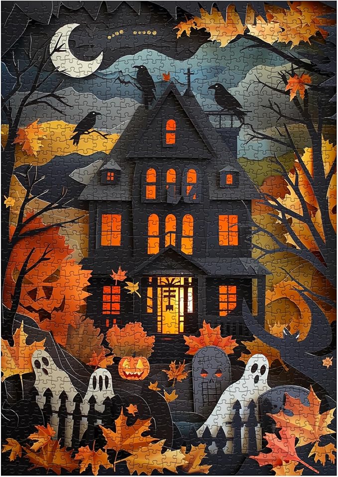 Halloween Puzzles Paper Cut Art Puzzle 1000 Pieces for Adults, Horror Jigsaw Puzzle Scary House, Ghost Autumn Collage Puzzle for Family Decorations