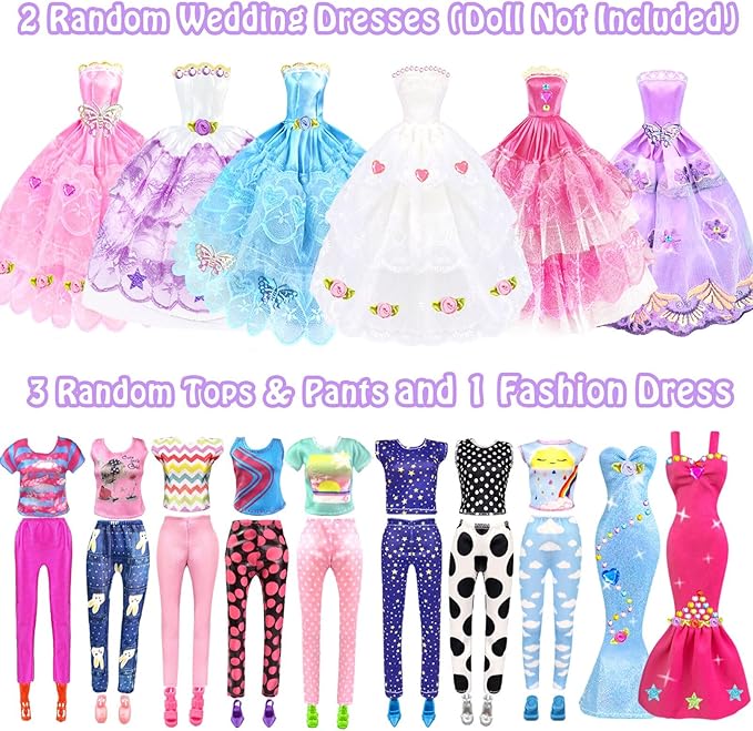 75Pcs Doll Clothes and Accessories Fashion Design kit for 11.5 Inch Doll Dress Up Including 2 Wedding Gown Dresses 1 Fashion Dress 2 Party Dress 8 Mini Dresses 3 Tops and Pants 10 Shoes 6 Necklaces