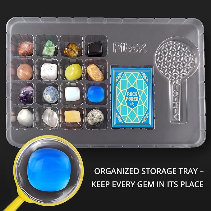 PIBEX Gemstone Collection - 16 PCS Polished Gems & Crystals (1-Inch / 2-3 cm), STEM Geology Kit with Guidebook, 54 ID Cards & Transparent Display Case, Rock Science Gift for Kids Ages 6+
