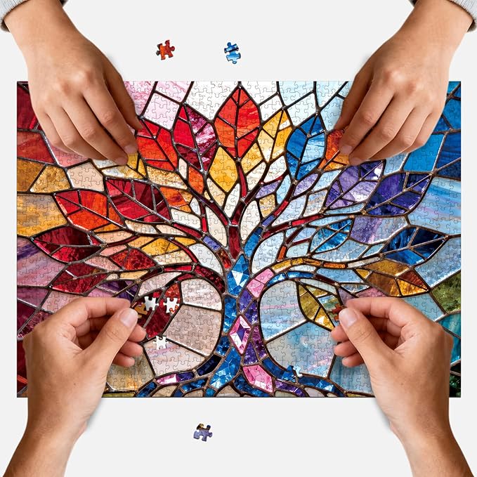 1000 Piece Adult Puzzle, Rainbow Stained Glass Tree of Life Jigsaw, Puzzles for Adults Colorful Geometric Mosaic Puzzles, Home Decor Gift for Art & Nature Lovers