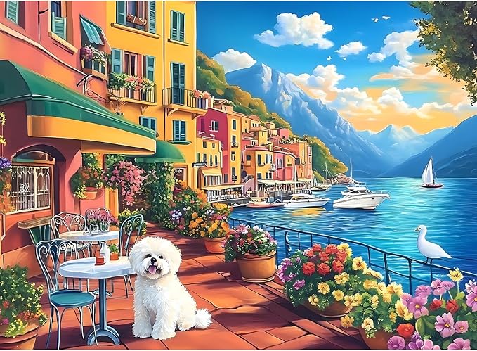 Jigsaw Puzzles 500 Pieces for Adults, Bichon Frise Flower Seagull Puzzles 500 Pieces for Adults Seniors, Dust-Free Landscape Adult Jigsaw Puzzle, Challenging Puzzle Great Gift for Friends