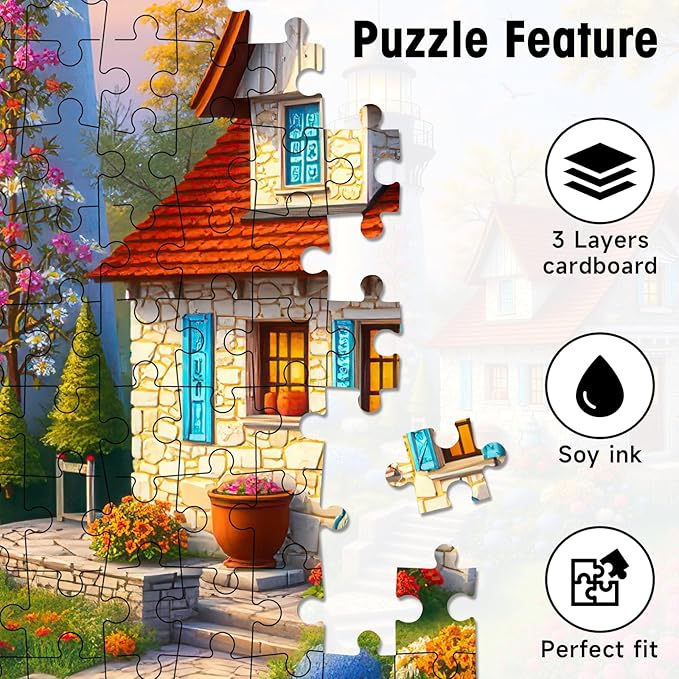 500 Piece Puzzles for Adults, Coastal Lighthouse & Cottage Jigsaw Puzzle with Letters on Back, Seaside Landscape for Game Nights & Home Decor, 20×15 Inch Cardboard