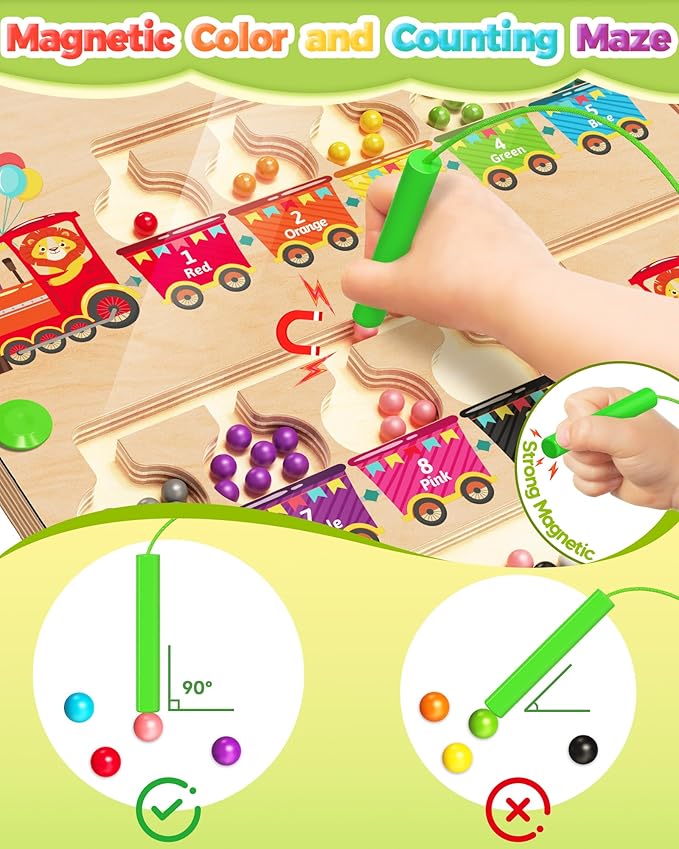 Magnetic Color and Number Maze, Montessori Toys for 2 3 4 Year Old, Wooden Color Matching Puzzle Board, Preschool Learning Activities for Ages 2-4 for Girls Boys Birthday Gifts - Train