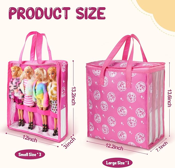 4 Pack Doll Storage Organizer Compatible with Barbie Dolls 12-Inch, Toy Storage Bag Compatible with LOL Surprise Dolls, Toy Travel Carrying Case for Girls Boys with Label & Handle, Bags Only