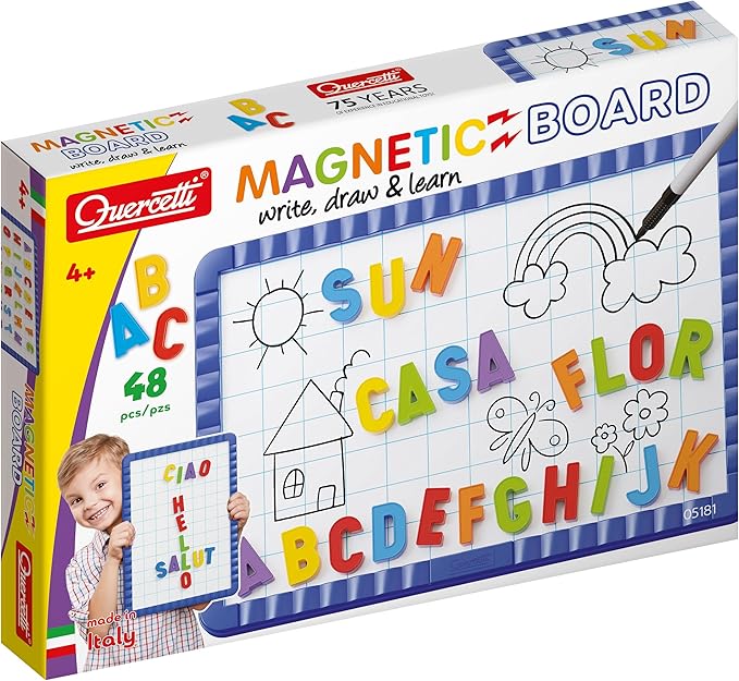 Quercetti: Magnetic Letters Starter Set - 44 Colorful Letters & Magnetic Grid Board, ABC & Spelling, First Words Learning Toy, Preschool Play, Kids 4+