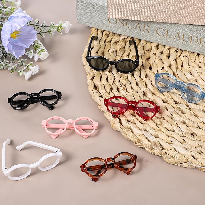 7 PCS Doll Glasses Set Cute Plastic Doll Dress up Sunglasses Eyeglasses Mini Costume Accessories 6.5cm Clear Eye Glasses Supplies for Figures Collectors Display Decoration 7 Colors