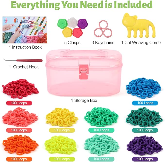 IQKidz Arts and Crafts for Kids Ages 6-8 8-12, Bracelets Making Loom Kit with 1000+ Loop Bands, DIY Hair Tie Bracelet Make Toy Set, Great Birthday Present for Girls 7 9 10 11 13 Year Old