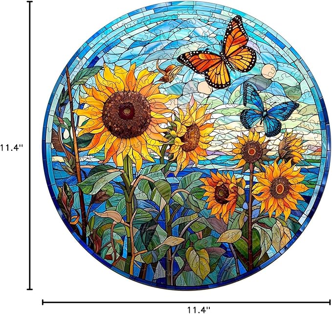 Wooden Puzzles for Adults - Stained Glass Sunflower Wooden Puzzle, Unique Shape Wood Jigsaw Puzzle for Adults, Wood Puzzles Adult, Gifts for Family, Wall Art Home Decor (200pcs 11.4 * 11.4in M)