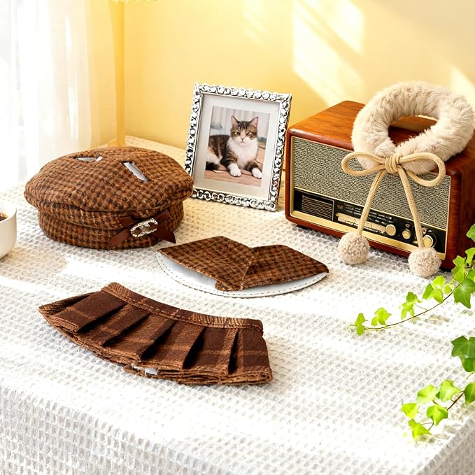 Doll Clothing Set (No Doll), Cute Cropped Straw Hat, Crossbody Bag, Dress, Suitable for 15-17cm Dolls, Outfit Accessory Set for Unique Styling (Brown-Houndstooth)