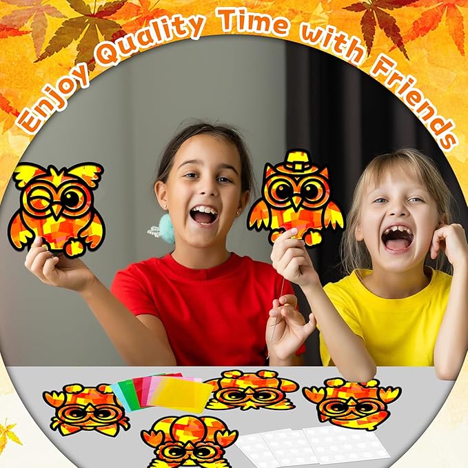 QOUBAI 32 Sets Fall Owl Suncatchers Craft Kit DIY Window Stained Glass Effect Autumn Owl Paper Crafts Home School Classroom Decoration Kid Birthday Gift Creative Art Project Activity Game